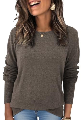 Womens Wool Blend Pullover Sweaters Crew Neck Classic Dressy Elegant Long Sleeve Fall Winter Sweater Top Coffee