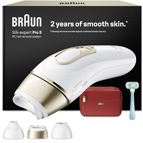 Braun Epilateur Lumiere Pulsee Silk·expert Pro 5 PL5262, Blanc et Or – Alternative au Laser à Domicile, Filaire, avec Pochette, Rasoir Gillette Venus, 3 Têtes