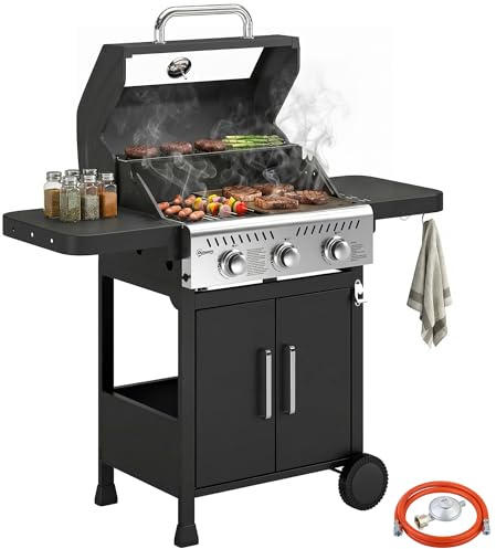 Outsunny Barbacoa de Gas BBQ Gas Portátil con 3 Quemadores 7,5 kW Termómetro Mesas Laterales Plegables Armario Rejilla Calentadora Parrilla Plancha Tapa con Ventana Recogedor y Recipiente Grasa Ruedas