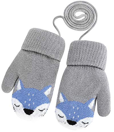 Baby Toddler Winter Warm Mittens Thicken Knitted Magic Mittens Cute Fox Knit Gloves with Furry Lining Hanging On Neck Mittens for Girls Boys Age 1-3Years Gift