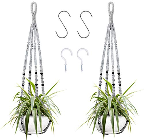 Augshy 2 Packs Macrame Hanging Planter, Indoor Hanging Planter Basket with Wood Beads Decorative Macrame Pot Hanger for Home Decor (Grey)