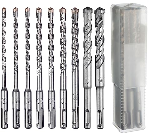 HPMAISON Juego de brocas para martillo, 9 brocas cruzadas SDS-Plus para perforar piedras, hormigón, pared de ladrillo, baldosas de cerámica, metal y plástico (5,6,6,8,8,10,12,14,16 x 160 mm)
