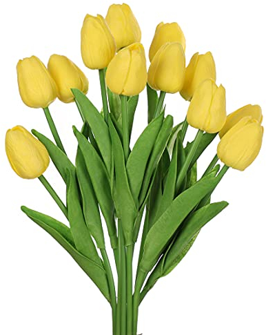 huaao 12pcs Tulipes artificielles en Latex Bouquet Fleurs Artificielles Toucher réel Bouquets à Faire soi-même, fête de Table de Mariage, Décoration Bureau, Arrangements Floraux, Jaune