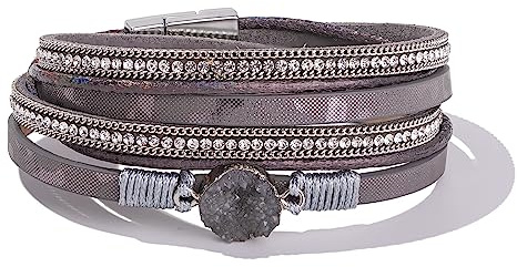 FANCY SHINY Boho Wrap Bracelets Leather Cuff Bracelet Bohemian Jewelry Resin Stone Multi Strand Bracelet with Clasp for Women(Grey)