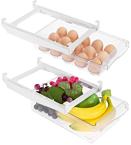 Viesap Lot de 2 organiseurs de réfrigérateur - Tiroir extensible - Boîte de rangement pour réfrigérateur - Boîte de rangement transparente - Pour aliments, boissons, œufs, fruits.
