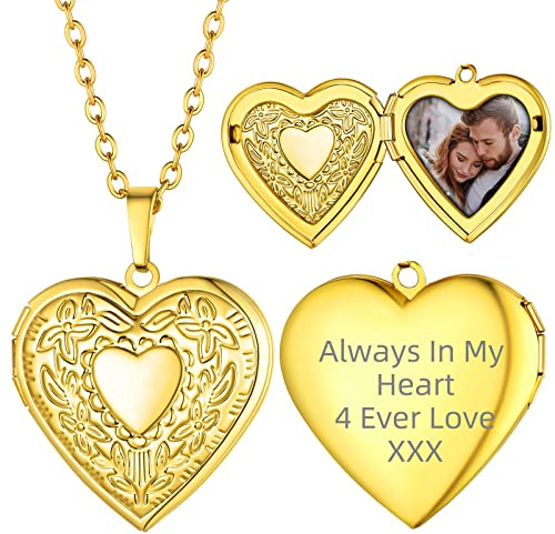 Supcare Cuore Collana Donna con Medaglione, 02 Stile Oro Collana con Foto Personalizzata, 55 cm Regolabile Catena Ciondolo Portafoto, Idee Regalo Natale Compleanno per Ragazze