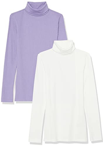 Amazon Essentials Top Interior en Punto Acanalado con Cuello Alto, Manga Larga y Corte Entallado (Disponible en Tallas Grandes) Mujer, Pack de 2, Blanco/Morado, XXL