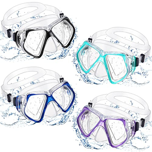 Fabbay 4 Pieces Adult Swimming Diving Goggles with Nose Cover Swim Mask Goggle Tempered Glass Snorkel Diving Mask Snorkeling Gear for Adults Youth(Black, Blue, Light Green, Purple)