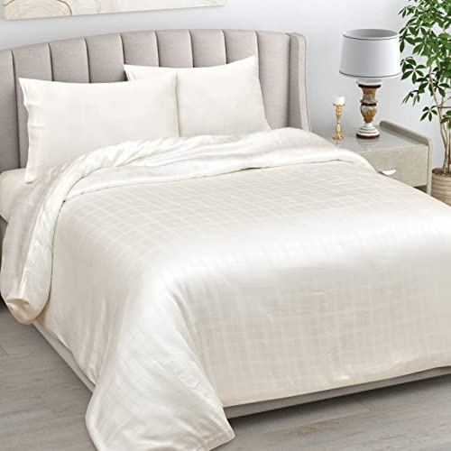 LINENWALAS Organic Bamboo 3 Pcs Fitted Sheet Set With Secure Elastic Deep Pocket - Softest Cooling Designer Checks Bedding Perfect for Skincare -1 Fitted Sheet & 2 Pillowcases(Double, Ivory)