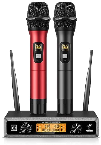 TONOR Micrófono Inalámbrico Dual Sistema de Micrófono Inalámbrico de Mano Profesional UHF, Set KTV Hogar para Karaoke, DJ, Fiesta, 60 Metros, TW820, Negro y Rojo