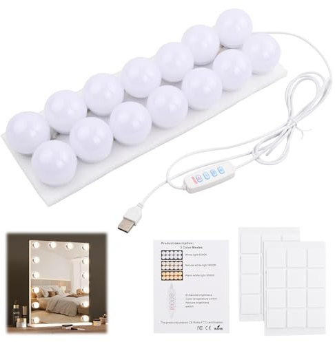 Jinlaili 14 LED Spiegelleuchte mit 3 Farbe, Schminktisch Leuchte, Makeup Lampe, Hollywood-Stil Dimmbar Schminklicht, Make Up Licht, Schminkleuchte, Spiegellampe für Kosmetikspiegel, Badzimmer Spiegel