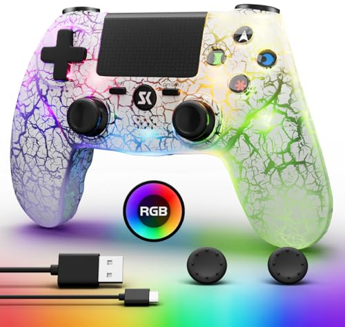 MUZELI Kabelloser Controller für PS4, LED Controller für PlayStation 4 mit einstellbarer RGB-Hintergrundbeleuchtung, 1000-mAh-Akku, 6-Achsen-Dual-Shock-Bewegungssensor, 3,5-mm-Kopfhöreranschluss