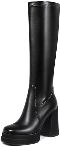 Wetviro Black Platform Knee High Boots for Women Chunky High Heel Gogo Boots Square Toe Stretchy Long Tall Boots (not for wide calf)
