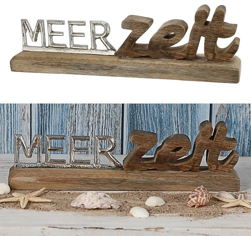 Cepewa Schriftzug | Mangoholz Aluminium 30x7,5x5cm | Dekoaufsteller Tischdeko Aufsteller (1 x Schriftzug Meerzeit Silber)