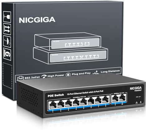 NICGIGA Switch Poe a 8 Porte con 8 Porte 100 Mbps Poe+@120W + 2 Porte uplink Gigabit, Switch di Rete 10 Porte 802.3af/at Power Over Ethernet Non gestito, VLAN e modalità Extender 250m, Senza Ventola.