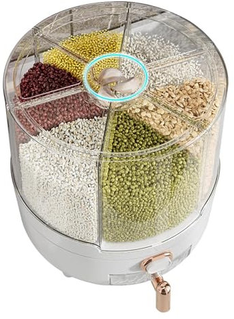 Risförvaringsfack – torrmatsdispenser | roterande risdispenser | 360 graders roterande risdispenser 6 fack kornhållare flera fack matorganiserare roterande matdispenser för ris