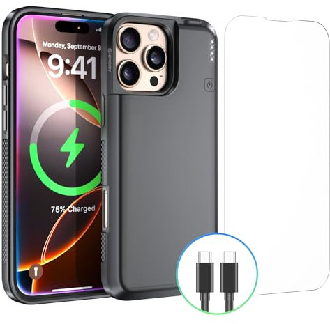 NEWDERY Akkugehäuse für iPhone 16 Pro 5000 mAh, CarPlay, kabelgebundenes Headset, Sync-Daten Werden unterstützt, tragbares wiederaufladbares Ladegehäuse für iPhone 16 Pro 6,3 Zoll, Schwarz