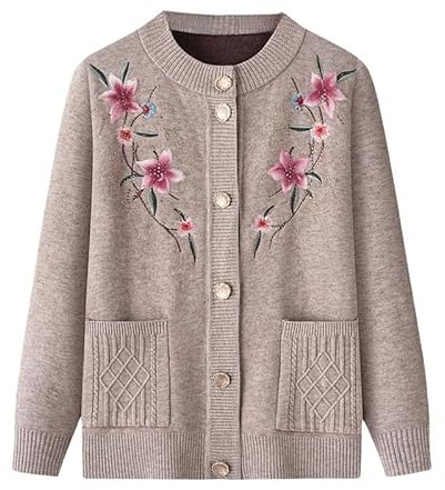 KIJSKKOPO Middle-Aged and Elderly Thin Fleece Lined Knitted Cardigan, Blue Crew Neck Buttons Floral Embroidery Knit Coat with Pocket Old Lady Grandma Winter Warm Knitwear Jackets Camel S