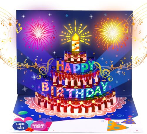 BEAN LIEVE Biglietto di auguri di compleanno con fuochi d'artificio, luci a LED e musica con torta di compleanno soffiabile, biglietto di auguri pop-up 3D, regalo di buon per donne, uomini