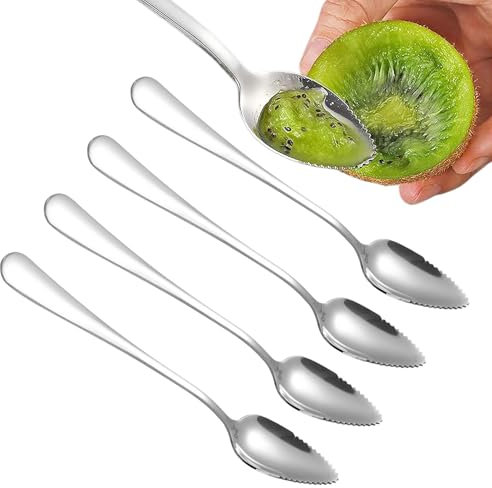 Cucchiai di pompelmo, 4 pezzi, argento kiwi spoon, in acciaio inox, cucchiai da frutta con taglio ondulato, cucchiaio da dessert per frutta, lavabile in lavastoviglie, per kiwi, mele, pompelmi