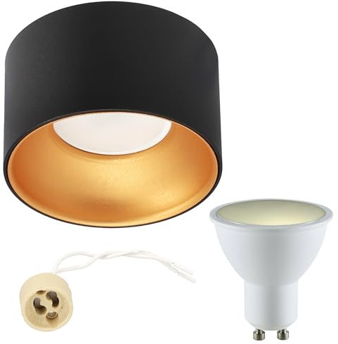 EDO Rond LED Spot de Plafond Encastrable ZAMA S Black Gold avec 5,5W 3000K Blanc Chaud 500lm GU10 230V - Ø85*50mm, Plafonnier Luminaire Noir avec Or Lampe de Plafond en Aluminium Spot Encastré Plat
