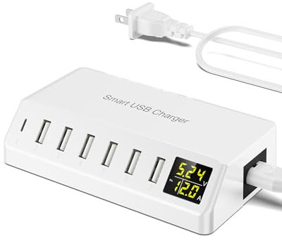 USB-Ladegerät, 7-Port-USB-Desktop-Ladegerät mit LED-Bildschirm, Multi-Geräte-Ladestation mit Echtzeit-Stromüberwachung für Telefon, Schnelllade-Hub für Zuhause, Büro, Reisen