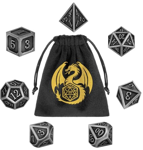 Lot de Dés en Métal DND, 7 Dés Polyédriques en Métal, Accessoires pour Jeux de Rôle, RPG, MTG, Jeux de Société, Cadeaux D&D avec Sac Cadeau, D20, D12, 2 D10 (00-90 et 0-9), D8, D6 et D4, Argent Foncé