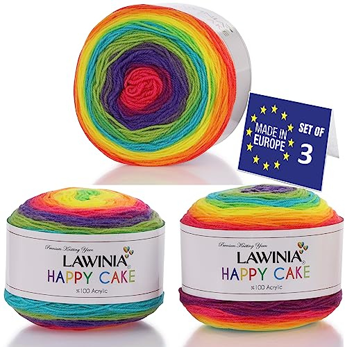 LAWINIA - Happy Cake Premium Mandala Garn Regnbåge Ull DK, 100 % Akryl Paket med 3 vardera 150 g - 530 m, Oeko-TEX-certifierad, DK Rainbow Ombre garn för stickning, Flerfärgad ull