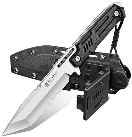 Dragon Creek Coltello Outdoor a Lama Fissa Full Tang, Impugnatura Ergonomica Antiscivolo, Fodero in Kydex Regolabile, Coltello da Campeggio per Escursionismo e Attività Outdoor(Argentato)