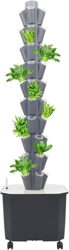 vinnyooc Kit di coltivazione idroponica 10 livelli 50 fori con ruote e serbatoio d'acqua verticale sistema torre idroponica, per coltivazione di pomodori, cetrioli, fragole, peperoni