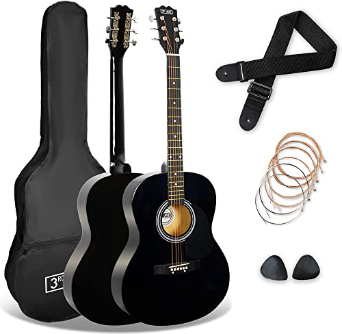 3rd Avenue 4/4 Westerngitarren-Set mit Stahlsaiten, für Anfänger – 6 Monate KOSTENLOSER Unterricht, Tasche, Plektren und Ersatzsaiten – in Schwarz