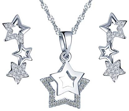 Collier étoile en Argent 925, Pendentif pour Femme Fille, Bague d'oreille étoile diamanté, orné des zircons, Ensembles de Bijoux, Argent, Cadeau Noël Anniversaire, Argent Sterling, Zircone cubique,