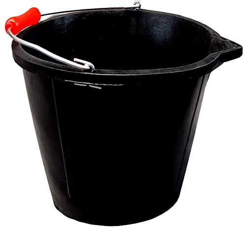 14L Black Flexible Bucket Heavy Duty Black Rubber Builders Bucket 3 Gallon 14 Litre Water Mixing Storage Strong Handle and Spout Ideal for Construction Trade, Animal Feed