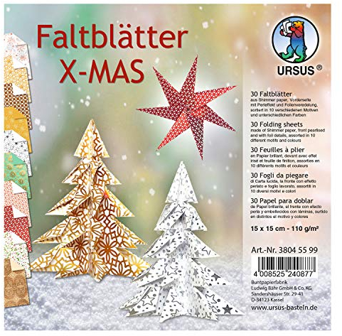 Ursus 38045599 - Faltblätter X-Mas, 110 g, 30 Blatt Shimmer paper sortiert in 10 verschiedenen Motiven und Farben, ca. 15 x 15 cm, Vorderseite mit Perleffekte und Folienveredelungen