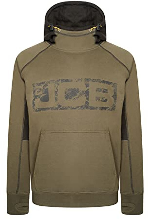 JCB - Horton Hoodie, Medium - Made with 80% Cotton & 20% Polyester - Hoodies for Men Branding Details - Mens Clothes - Cordura Fabric Elbow Patches - 320gsm - Olive/Black