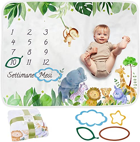 ODOXIA Coperta, Tappeto Mesi Neonato In Italiano | Unisex | Tema Safari | Regalo Baby Shower Personalizzato Per Neomamme | Incluse Cornici