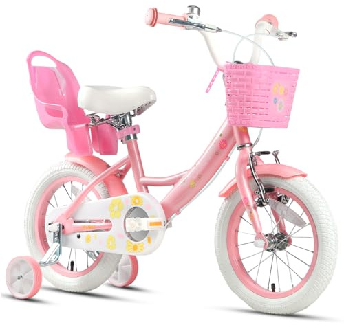 Glerc Maggie 14 Pulgadas niñas Bicicleta Edad 3 4 5 años de Edad niños Bicicleta Estilo Princesa con Asiento de la muñeca Cesta Pata de Cabra Campana para cumpleaños, Rosa y Blanco