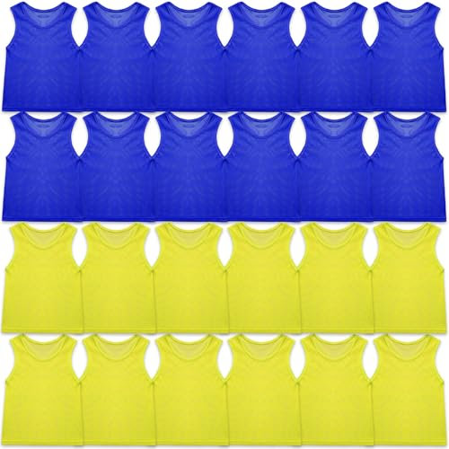 Sintege 24 Stück Nylon Mesh Trainingsweste Team Übungswesten Pinnies Trikots für Kinder Jugendliche Sport Basketball Fußball Fußball (Gelb, Blau)