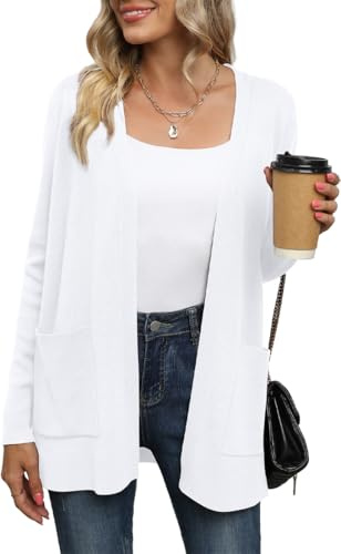 Yommay Cardigan for Women Long Sleeve V-Neck Knitted Sweater with Pockets | Ladies Lightweight Cardigan Loose Fit Casual Elegant Soft Womens Open Front Outwear Jumper Black Navy Blue UK Size Cardigans