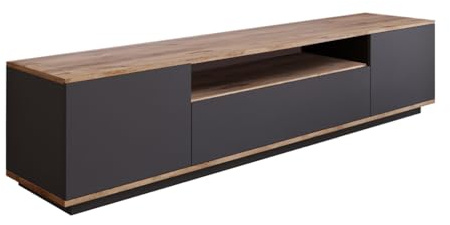 CONCEPT USINE | Meuble TV 180 cm | Design Tyro Gris et Bois | Style Moderne | 3 Portes Abattantes | Niche Centrale | Rangement Multimédia | Passage de Câbles Pratique | Multimédia, Salle, Salon