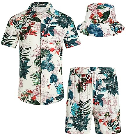 SPKPKEY Ensemble de 2 chemises hawaïennes et shorts pour homme - Chemise décontractée boutonnée - Tenue de plage d'été avec chapeau cloche, Feuilles kaki et vertes, XL
