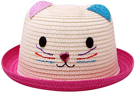 Kinder Mädchen Faltbarer Strohhut Sonnenhut Breite Krempe Sommerhut für Mädchen Kinder Atmungsaktiver Strand mit Cartoon Katze Dekoration für den Urlaub Reise Outdoor-Aktivitäten (Hot pink, One Size)