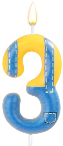 Blaue und Gelbe Geburtstagskerze, Geburtstag Nummer Kerzen Blue Jeans-Cartoon-Happy Birthday-Themenkerze Kuchen Zahlenkerzen für Geburtstagsfeier Hochzeitstag Dekorationszubehör(Zahl 3)
