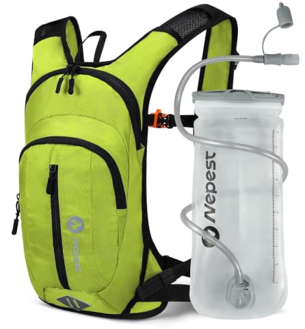Nepest Sac à dos d'hydratation, 8 l, sac à dos de vélo et de ski, avec poche d'hydratation de 2 l, idéal pour VTT, course et ski, tour de poitrine et ceinture réglables avec sifflet de sécurité, vert