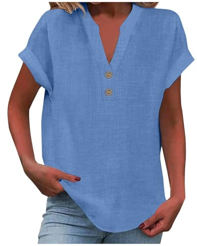Summer Tops for Women UK Basic Crew Neck Side Button Blouse Womens Linen Shorblouses Ladies Short Sleeve Tunic Party Club Streetwear 2025 Fashion Y2K Jumpers Plus Size Royal Blue