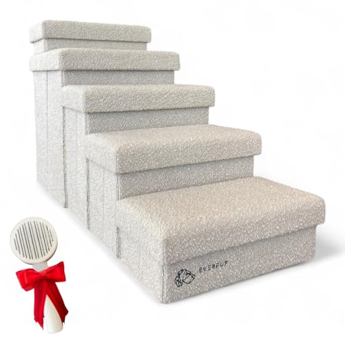 5-Step Dog Stairs for Small, Medium Dogs with Storage Box - Durable Folding Pet Steps, Padded Lid and Container; Dog Steps for Bed and Couch + Hair Brush Gift (Off White, Large, 5.0)