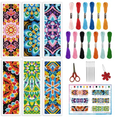INFUNLY Juego de 6 marcadores de punto de cruz con diseño de mandala, flores de mandala, para principiantes, juego de punto de cruz con instrucciones (idioma español no garantizado), bordado de flores