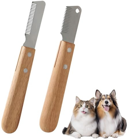 2 Piezas Peine Perro, Tijeras Peine para Mascotas, Stripping Perros con Mango de Madera, Suministros para el Pelo de las Mascotas, para Gatos, Perros y Conejos