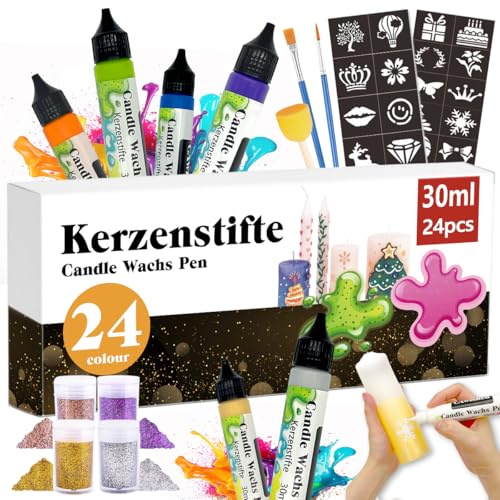 CAwished Set per pittura a candela da 30 ml con glitter fini oro, argento, viola e oro rosa, penne a cera ideali per decorare e progettare candele colorate (24 colori)