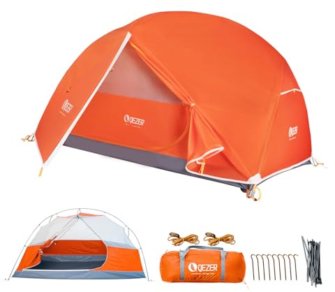 QEZER Tenda da campeggio, ultraleggera, impermeabile e antivento, adatta per tre stagioni, dimensioni compatte, ideale per escursioni, campeggio e attività all'aperto (arancia 1 persona)